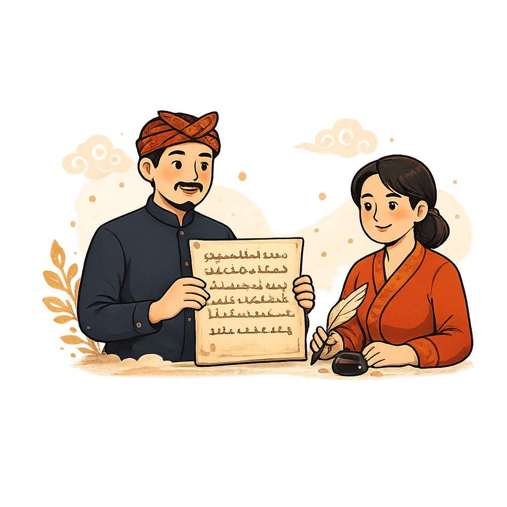 Ilustrasi komunitas budaya dan aksara dengan naskah tradisional
