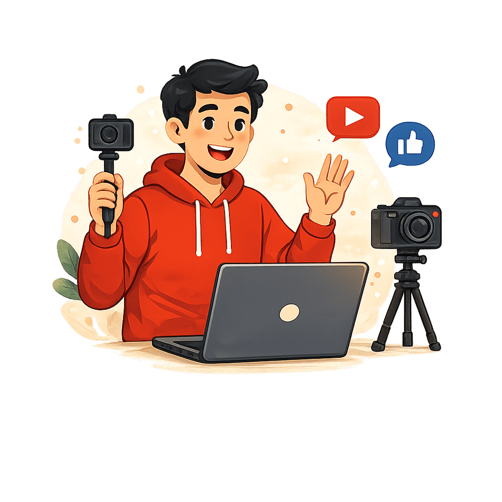 Ilustrasi kreator digital dengan kamera dan laptop