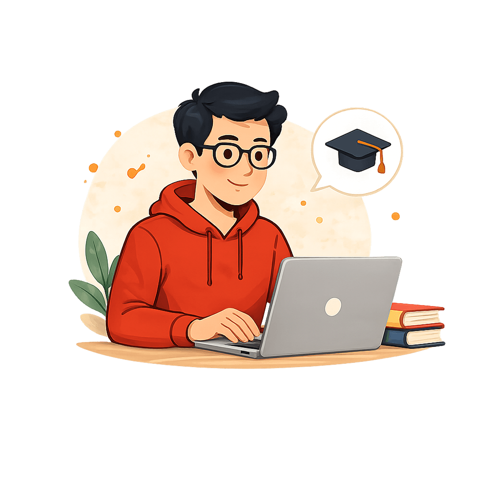Ilustrasi mahasiswa belajar menggunakan laptop