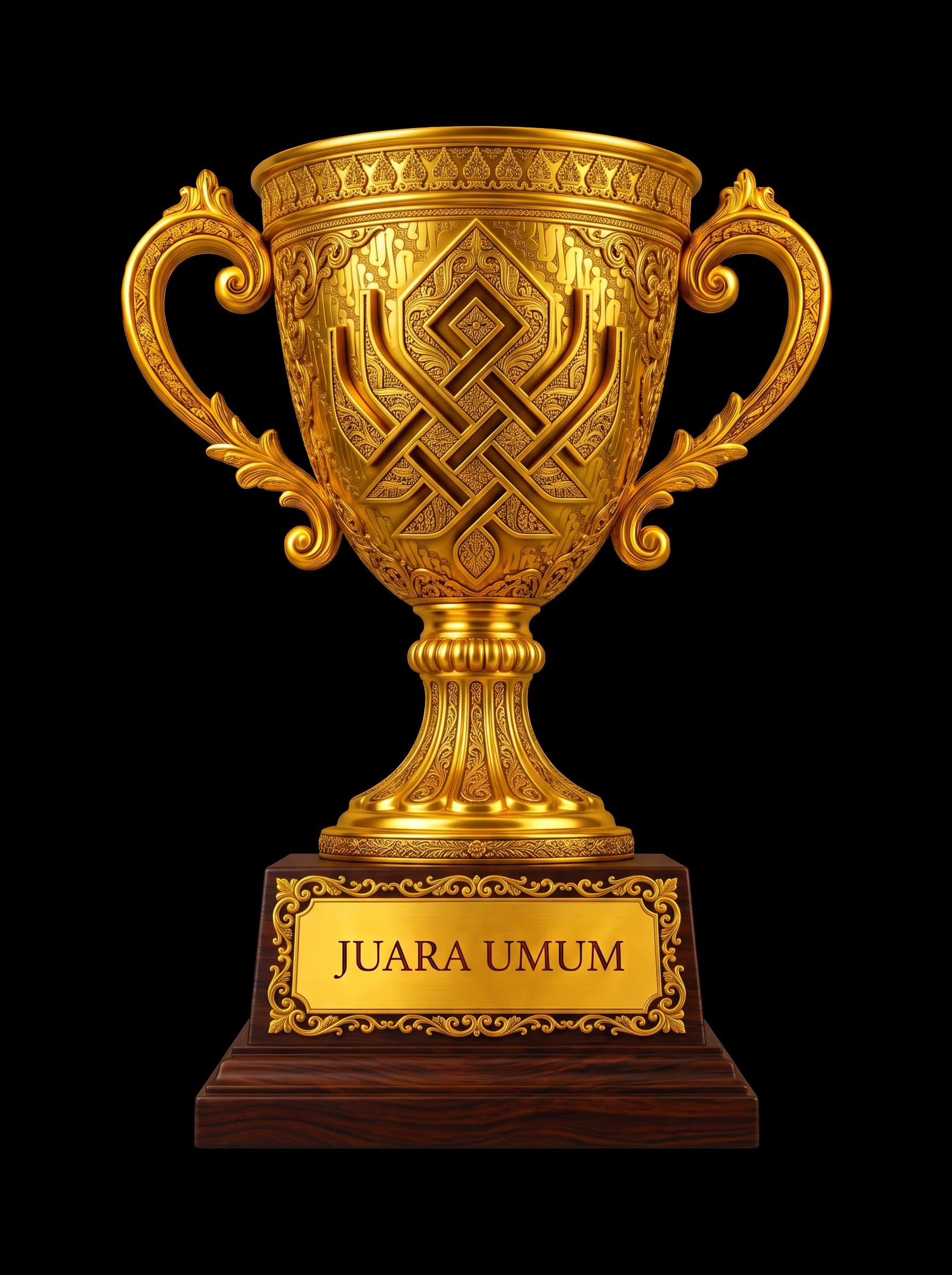 Piala berornamen budaya Nusantara dengan pelat Juara Umum