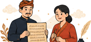 Ilustrasi komunitas budaya dan aksara dengan naskah tradisional