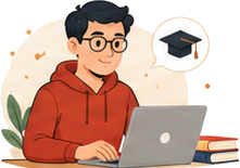 Ilustrasi mahasiswa belajar menggunakan laptop